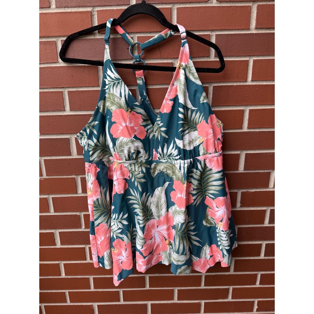 Kona Sol Floral Tankini Top‎ Swimsuit Tropical Print Ring Detail 22W